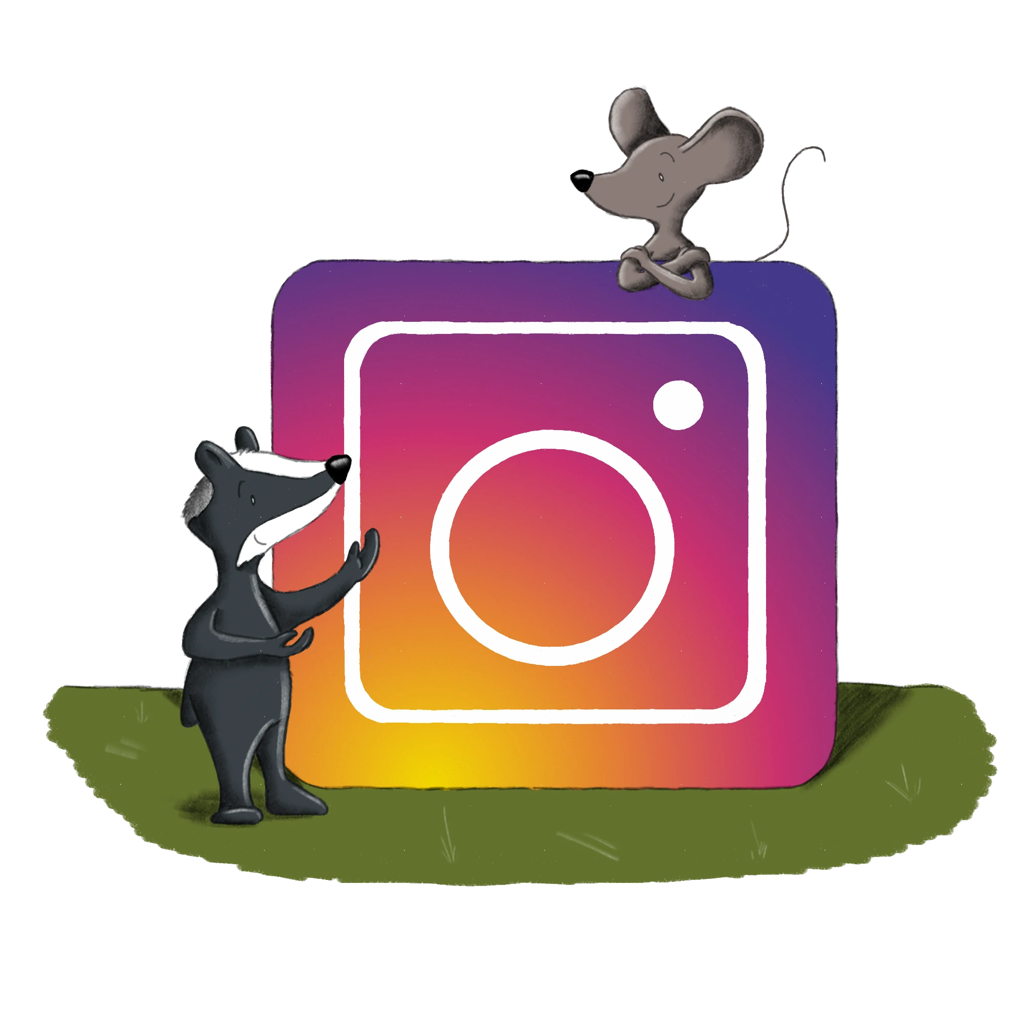 Maus Carlos und Dachs Henry zusammen mit dem Instagram-Logo